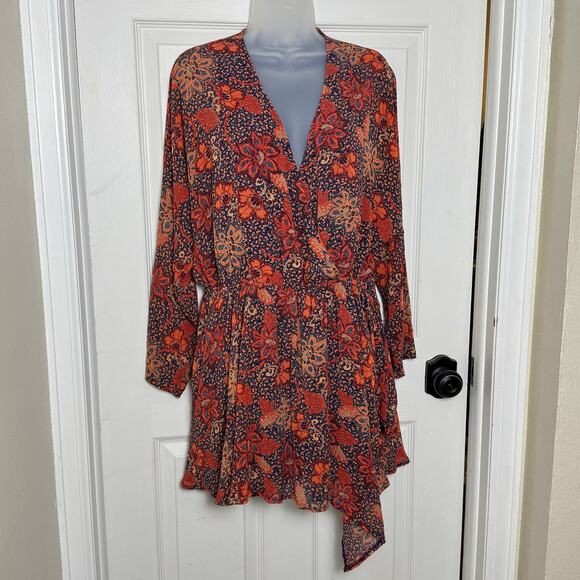 Free People Dresses & Skirts - Free People Floral Paisley Mini Dress Surplice Long Sleeve Boho Festival